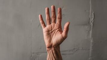 A hand with a long finger and thumb reaching out to the camera, AI photo