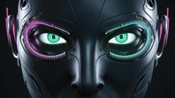 A close up of a robot's face with glowing eyes, AI photo
