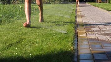 children running barefoot on the lawn while the automatic sprinkler is working video