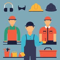 worker and builder wearing construction hat and tools vector