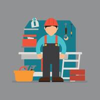 worker and builder wearing construction hat and tools vector