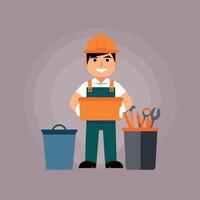worker and builder wearing construction hat and tools vector