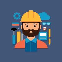 worker and builder wearing construction hat and tools vector