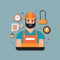 worker and builder wearing construction hat and tools vector
