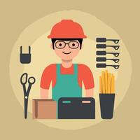 worker and builder wearing construction hat and tools vector