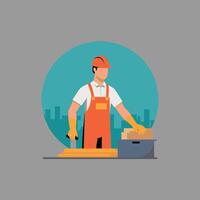worker and builder wearing construction hat and tools vector
