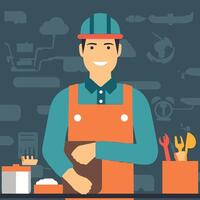 worker and builder wearing construction hat and tools vector