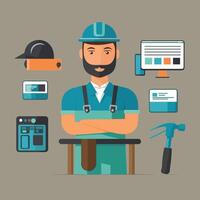 worker and builder wearing construction hat and tools vector