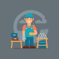 worker and builder wearing construction hat and tools vector