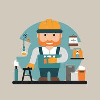 worker and builder wearing construction hat and tools vector