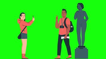 Tourists Taking Photos In Front Of The Statue On Greenscreen Background 2D Cartoon Animation video