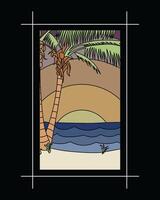illustration of tropical sunset on the beach with palm trees on black background vector