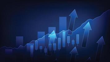 finance and business earning growth. bar graph and candlesticks chart with arrow up on blue background vector
