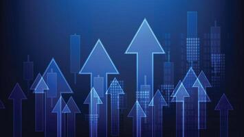 arrow up with bar graph and candlesticks chart on blue background. financial growth and stock market investment vector