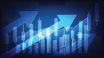 finance and business uptrend arrow with bar graph and candlesticks chart on blue background vector