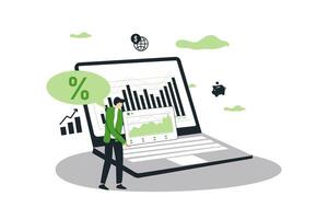 Person standing with laptop working and looking at financial and business diagram and graph vector