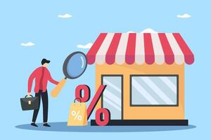 A man with reading magnifying glasses and a suitcase is looking for a store discount. business concept online shop. vector