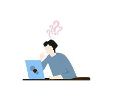 of confused man doing assignments in front of a laptop vector