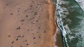 Crowd on sandy beach near waves crashing on shore video