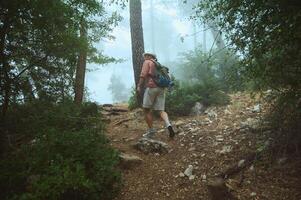 Man hiking through misty forest trail with backpack during foggy morning photo