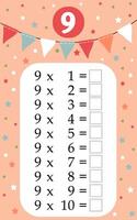 Multiplication table by 9 with a task to consolidate the knowledge of multiplication. illustration vector