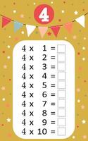 Multiplication table by 4 with a task to consolidate the knowledge of multiplication. illustration vector