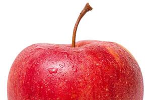 Macro photo of the top half of an apple isolated on a white background. Apple with water drops