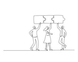 Continuous single one line drawing three businessman, each other carrying the puzzle pieces. Teamwork of employee putting the puzzle together. Design illustration vector