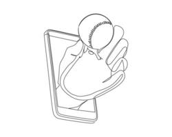 Continuous line drawing of a pitcher hand holds baseball ball with glove through mobile phone. Smartphone with baseball games app. Mobile sports stream championship. Hand drawn style illustration vector