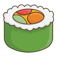 A sashimi sushi roll with green seaweed wraps on the outside, white colorful fish slices and rice in the middle. Traditional Japanese food illustration vector