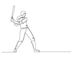 Single continuous line drawing of young agile woman batter ready to hit the ball. Baseball exercise and gameplay concept. One line draw graphic design illustration for sport promotion media vector