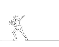 continuous line drawing of a female in dynamic baseball sport action. with one arm extended forward and the other holding a glove. The minimalist hand drawn style illustration focuses on the action vector