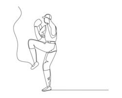 Young female pitcher basball player ready to throw the ball. Competitive and dynamic concept single line draw design or sport promotion poster vector