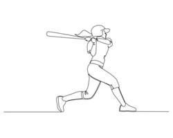 Young energetic woman batter practice to hit the ball. Sport training concept. Modern continuous line drawing illustration for baseball tournament banner design vector
