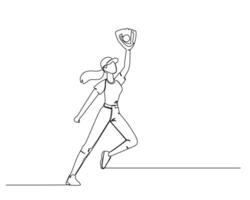 A woman jump and rise her hand above the head to catch the ball using glove. Baseball activities concept. Simple minimalist on white background continuous line drawing for sport illustration. vector