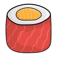 A cartoon illustration of a deconstructed maki sushi roll. Its missing usual nori wrapper, revealing the ingridient inside. Japanese cuisine design element isolated on white vector