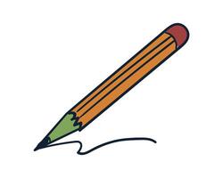 A cartoon style illustration of a sharpened pencil. It features a pink eraser on one end and a pointed graphite tip on the other. simple design for school or office theme vector