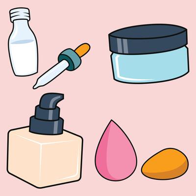A cartoon drawing of various beauty products such as a bottle of milk