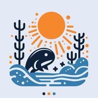 illustration of a whale jumping out of the water with the sun behind it. The sun was bright orange, with rays radiating from it. vector