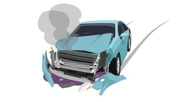 Vehicle accidents blue car crash on the front is severe damage. Broken front bumper Front hood is slightly open. There was smoke coming out. engine oil leak. On isolated white background. vector