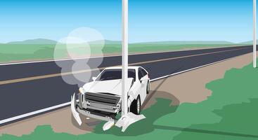 Car accident on the road asphalt. It crashed into an electric pole. on the side of the road causing severe damage to the front. There was smoke coming out. vector