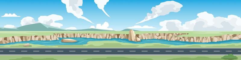 Horizontal view of Asphalt road. wide open field cut by a large river. And hills with mountain. Under the white clouds and blue sky. vector