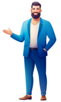 A 30 year old man with a beard, dressed in a blue suit and white shirt, raises his left hand with his palm facing forward, smiling and showing a welcoming or presenting gesture png