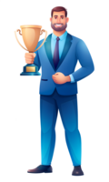 Smiling man in blue suit holding a trophy. Illustration with transparent background. Business achievement and success concept for design and print png