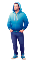 A 30 year old bearded man in blue hoodie and jeans standing with hands in pockets, side view png