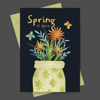 Spring greeting card with jar and flowers illustration. template for flyer poster vector