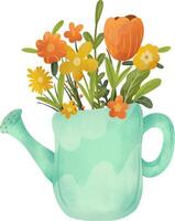 Spring flowers in a garden watering can. floral illustration for card print fabric or poster vector