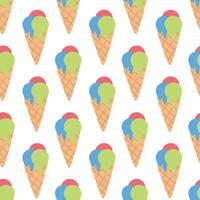Seamless Pattern. Ice cream in waffle cone with colorful three scoops. Summer time sweet food background. flat illustration. vector