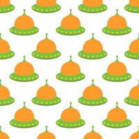 Alien spaceship, spacecrafts and UFO Seamless Pattern. Cosmic ship in form saucer for transportation. Children design. cartoon flat illustration. vector