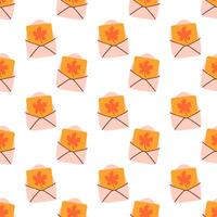 Seamless pattern. Envelope with maple leaf. Autumn background. Cozy fall. Flat illustration. vector